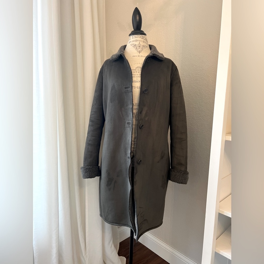 Lands End Womens Coat Jacket Olive Faux Suede Sherpa Lined Size Medium